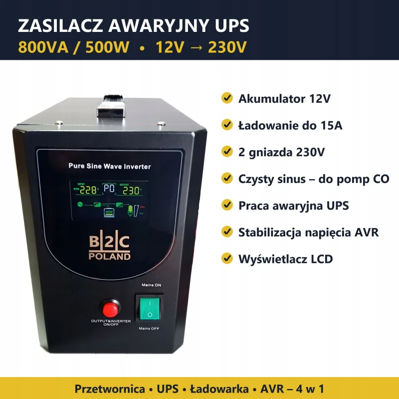 Zasilacz awaryjny UPS 800 VA / 500 W, czysty sinus, 12 V, do pieca CO — zdjęcie 2