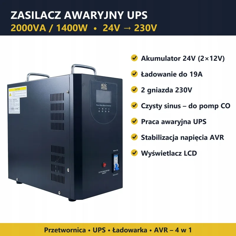 Zasilacz awaryjny UPS 2000 VA / 1400 W, czysty sinus, 24 V, do pieca CO — zdjęcie 2